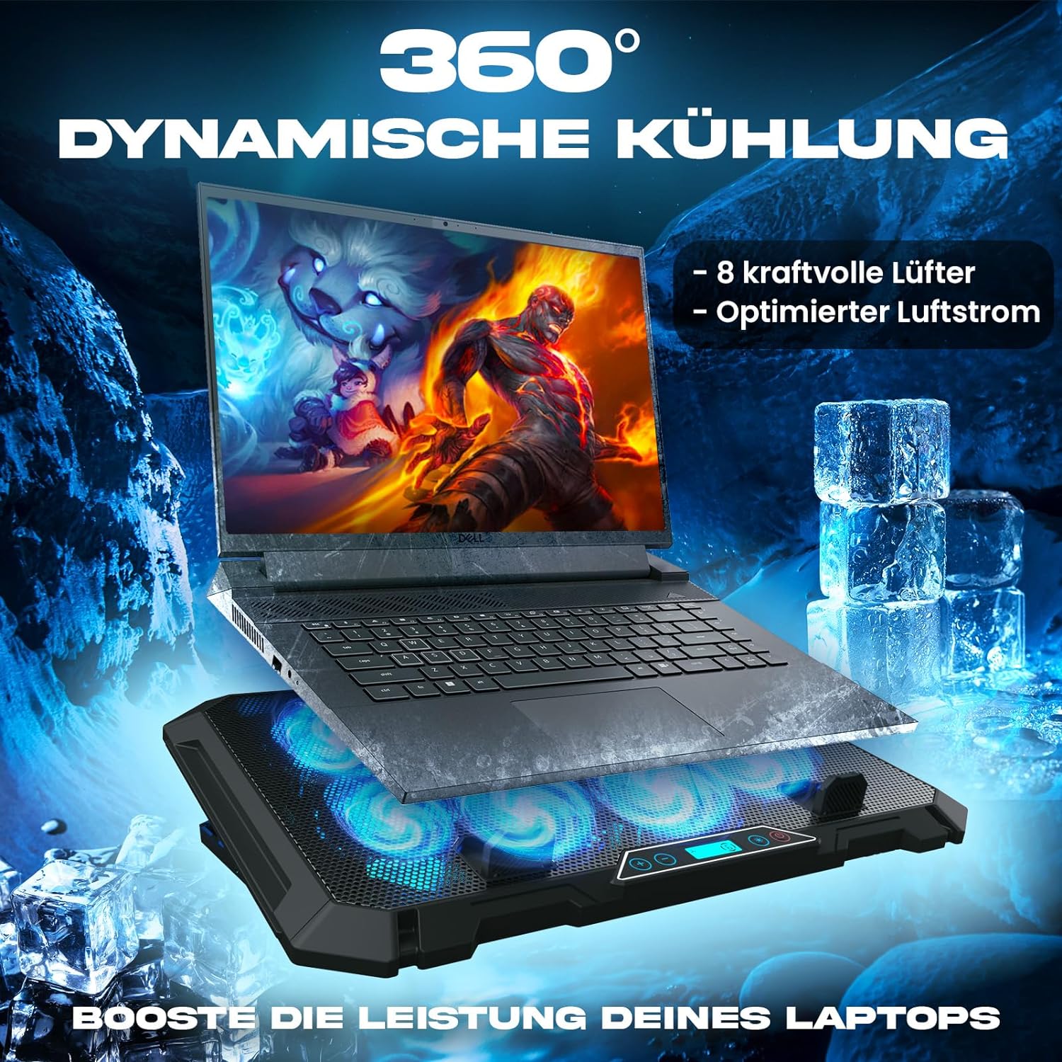 KLIM V8 RGB Gamer Laptop Hűtő - 8 Ventilátor, 17"-ig, 2 USB Port, 2024-es Modell - Image 2