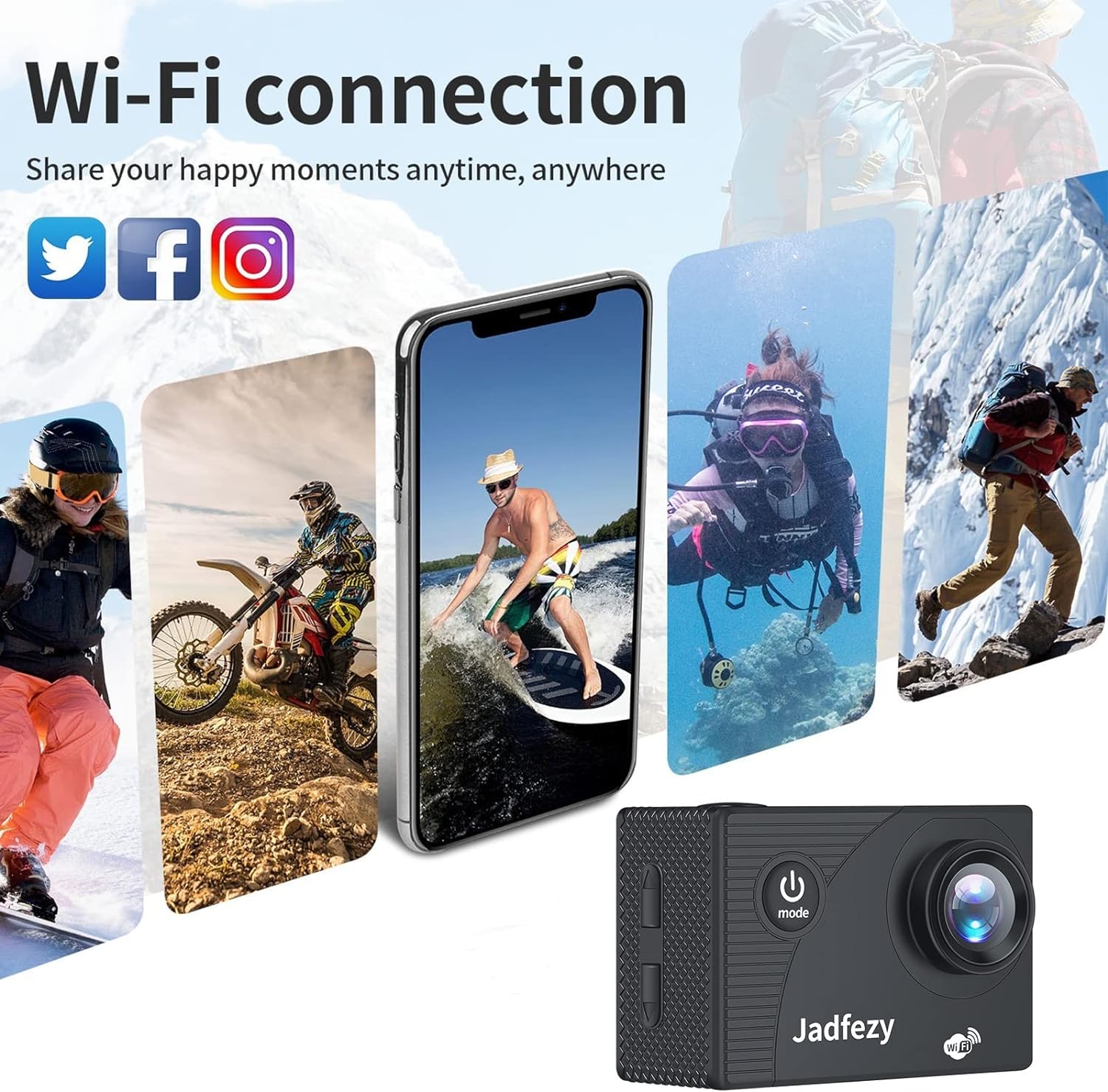 Jadfezy WiFi Akciókamera 1080P HD, 30m Vízálló, 2 Akkumulátorral és Tartozékokkal - Image 3