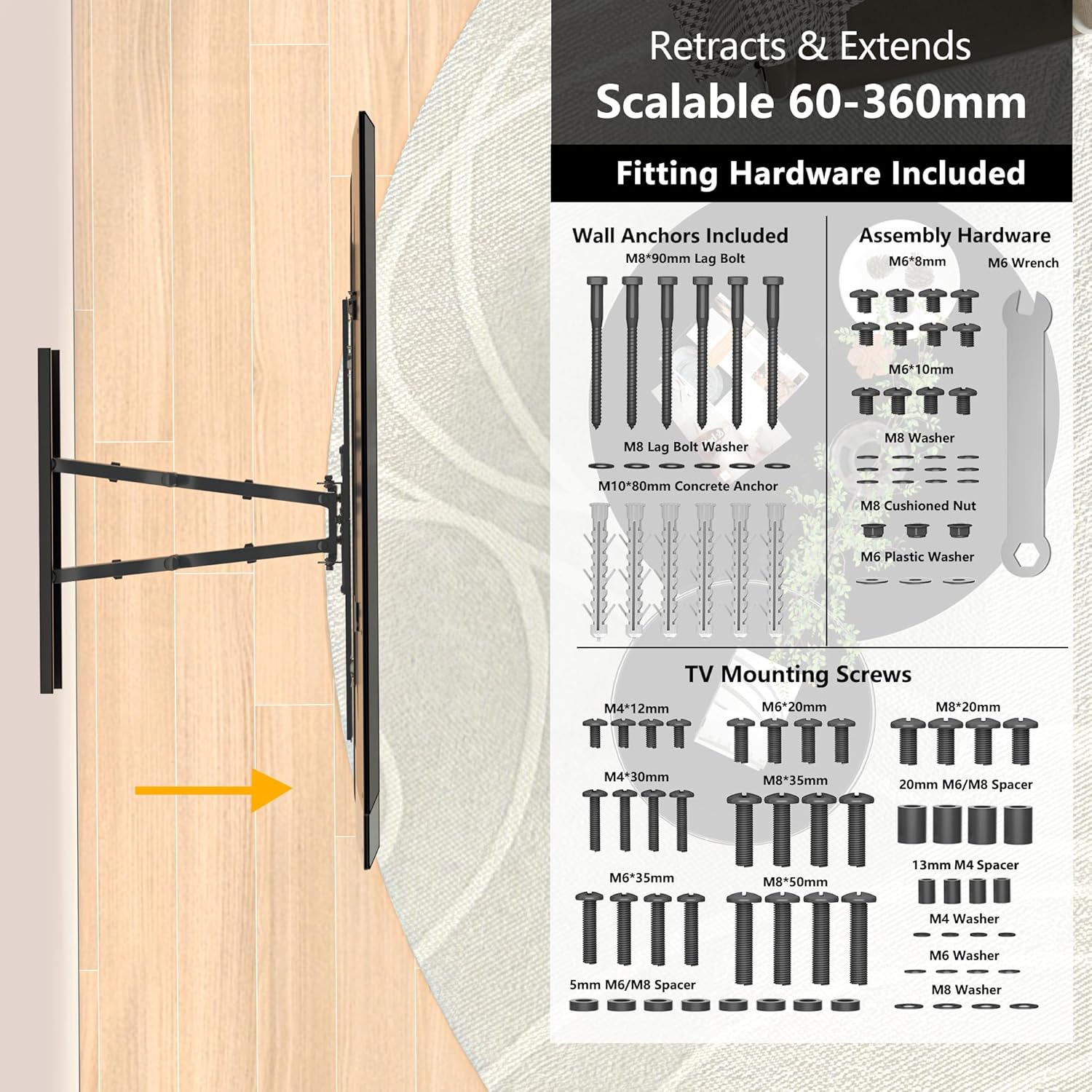 BONTEC TV fali tartó, dönthető, forgatható, 37-80" (94-203cm) képernyőkhöz, 65kg teherbírás - Image 4