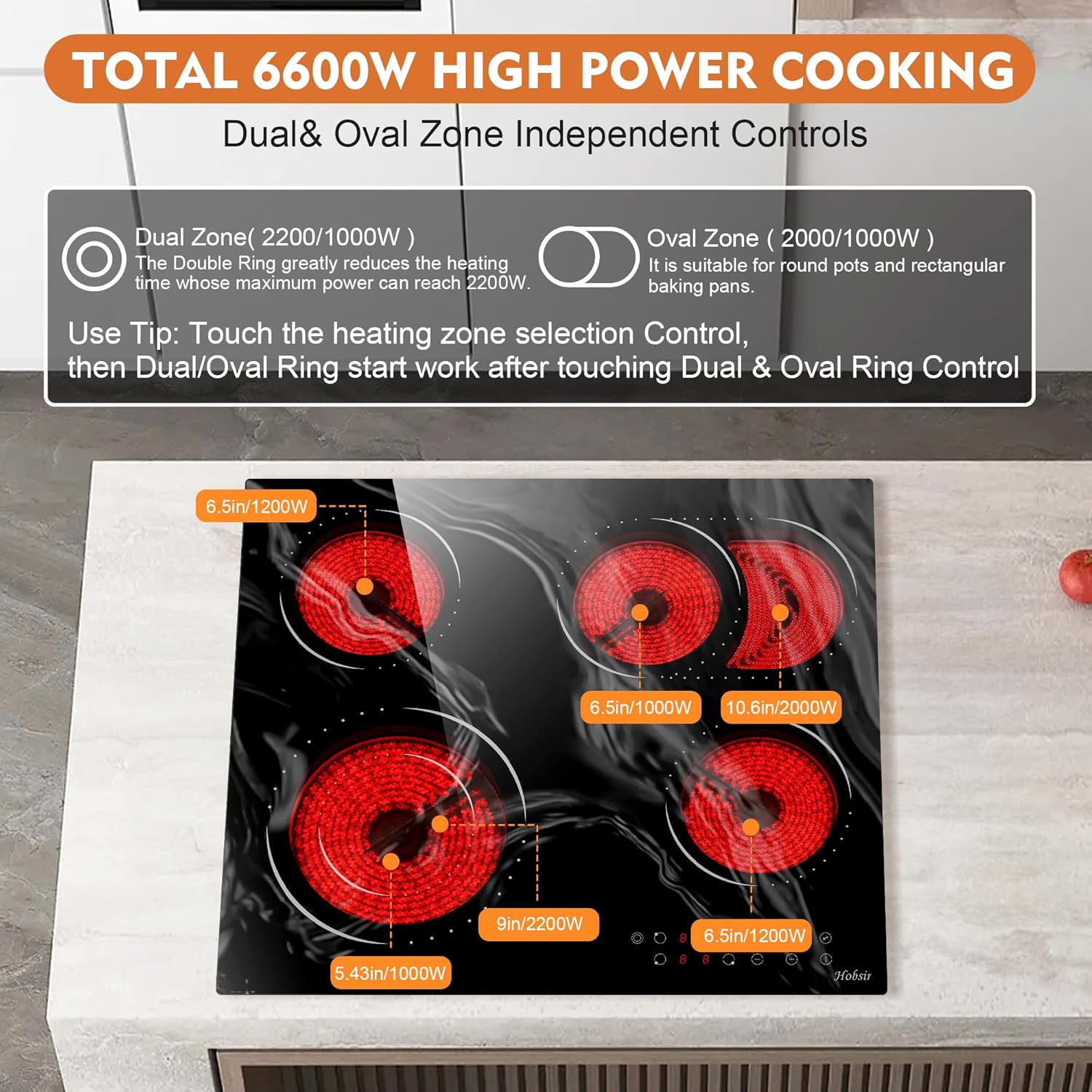 Hobsir 60 cm-es üvegkerámia főzőlap, 4 zónás, érintőszenzoros, 6600W, dupla és ovális zónával - Image 2