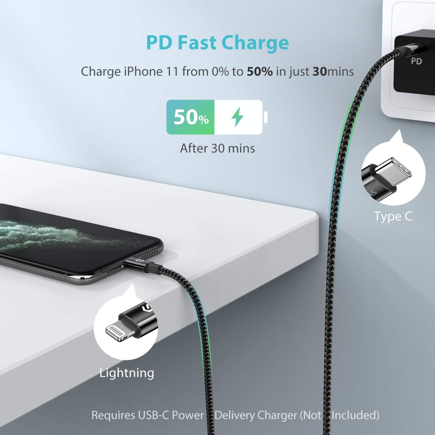 USB C - Lightning Kábel, Apple MFi Tanúsítvánnyal, Gyors Töltés iPhone 13/12/11 Pro/X/XS/XR / 8 Plus/AirPods Pro-hoz, Fekete Újracsomagolt termék - Outlet24