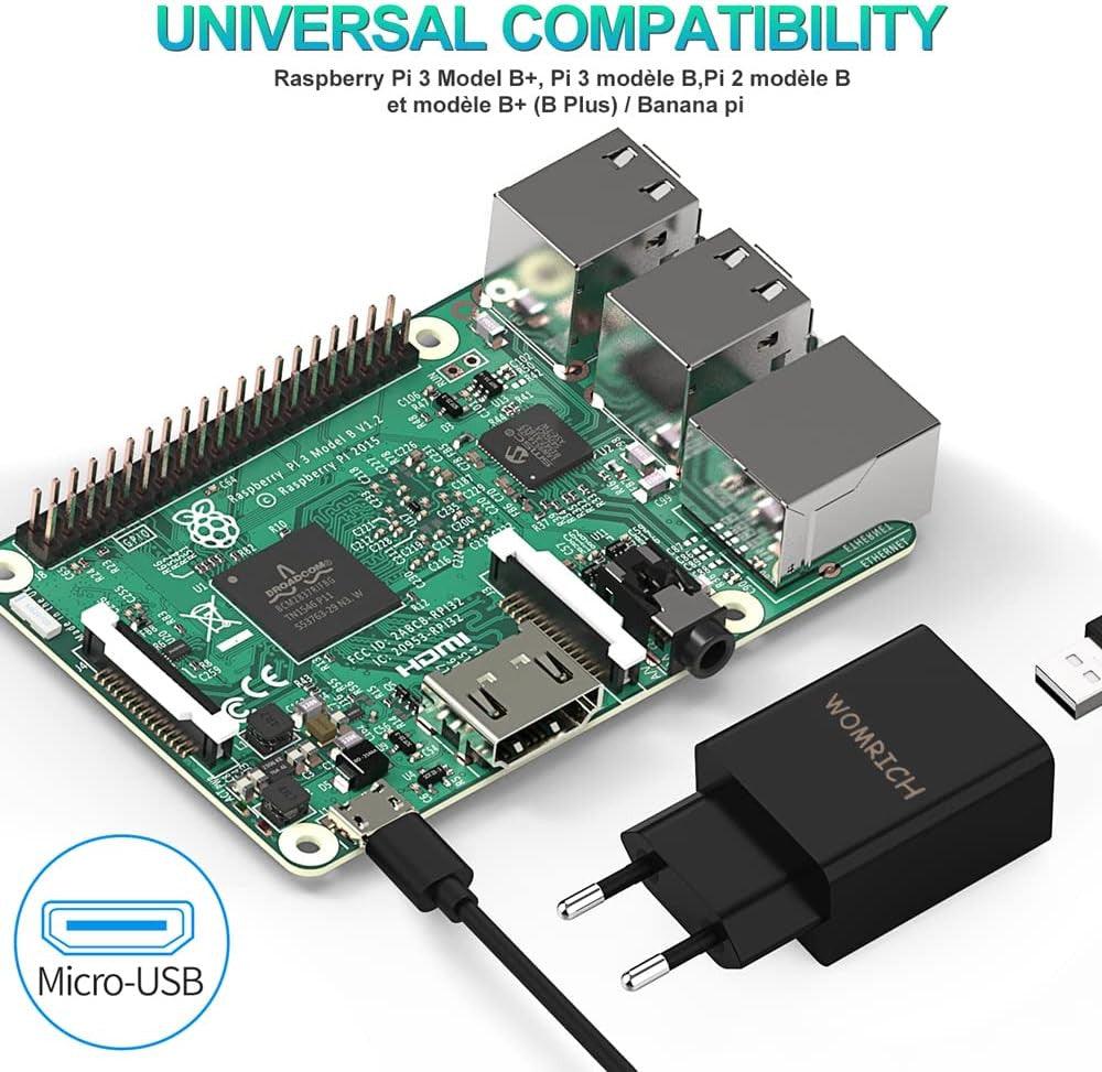 WOMRICH Micro USB Töltő 5V 3A EU DC Adapter Raspberry Pi 3, B+, Pi 2, Banana Pi-hez és Micro USB Portos Eszközökhez, Fekete - Outlet24