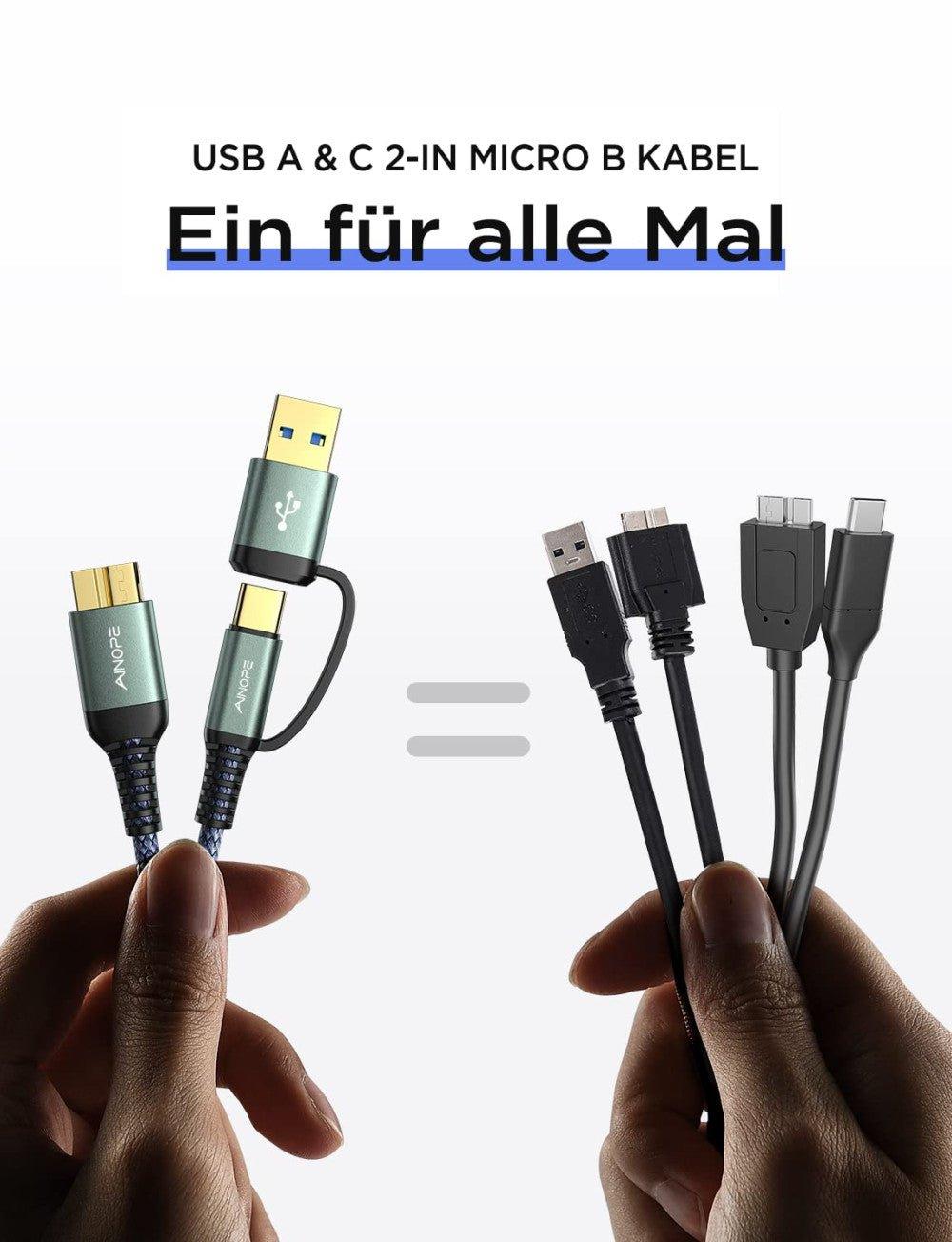 AINOPE Micro USB 3.0 merevlemez-kábel 0,5 m, [Új frissítés] USB Micro B-USB C kábel, Nylon fonott USB A/C dugó-Micro B - Újracsomagolt termék - Outlet24