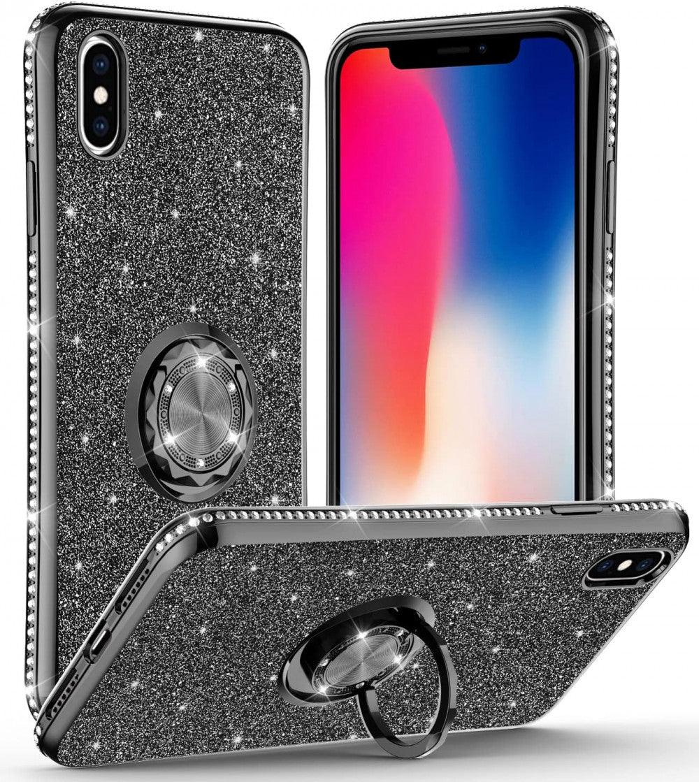 iPhone X / XS Ütésálló Gyűrűs Tok, Glitteres, Csillogó (Fekete) - Outlet24