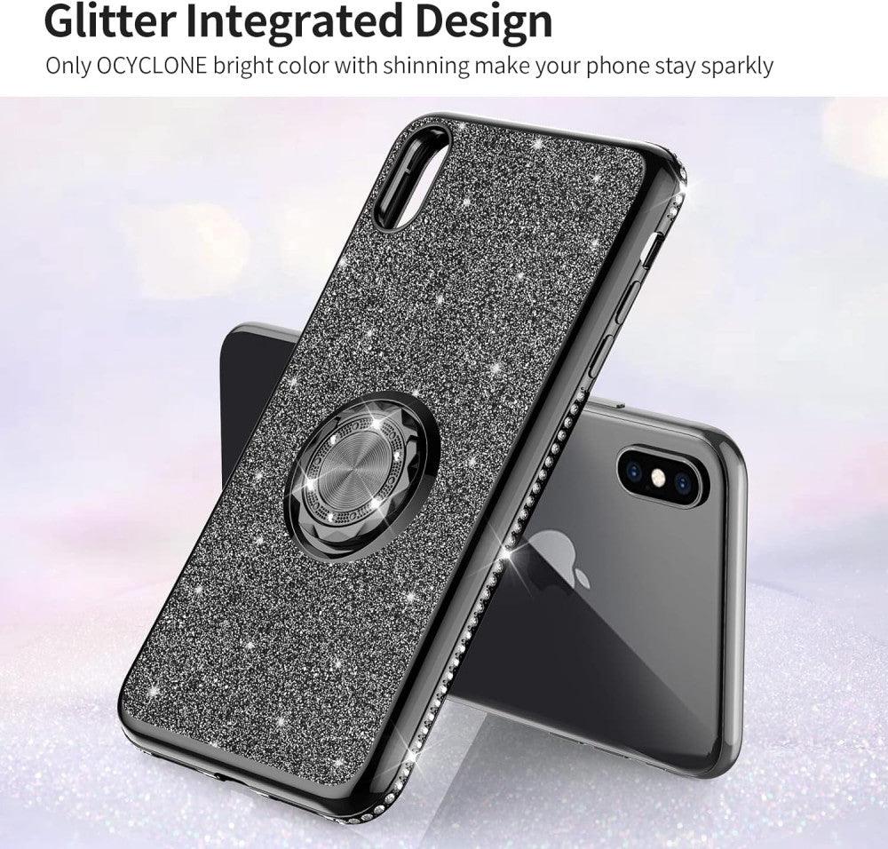 iPhone X / XS Ütésálló Gyűrűs Tok, Glitteres, Csillogó (Fekete) - Outlet24