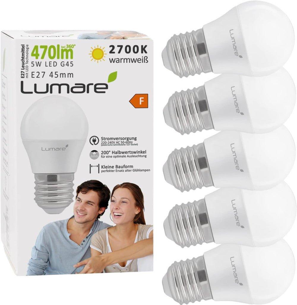 Lumare LED Izzó E27-2700 K 5 W 470 Lumen, G45 Alakú, 270° Sugárzási Szög, Meleg Fehér Színű, 5 darabos csomag Újracsomagolt termék - Outlet24